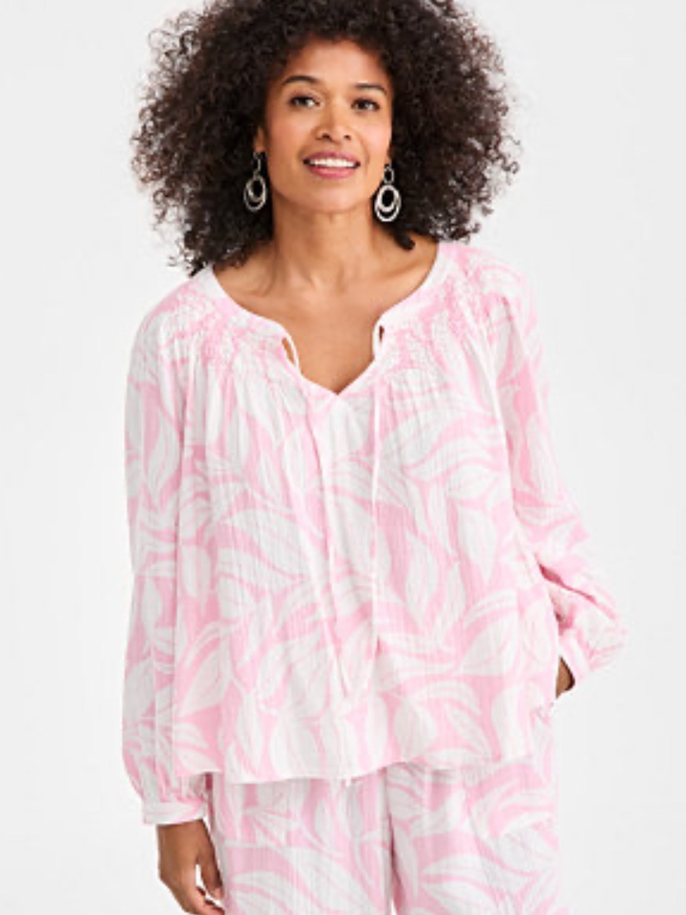 Style & Co Pink & White Cotton Gauze Smocked Neck Peasant Top Size 3X